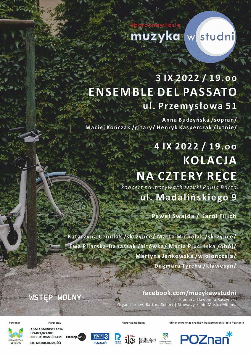 Events poster - information about te concerts and a bicycle on the left. Green leaves as a background. - grafika artykułu