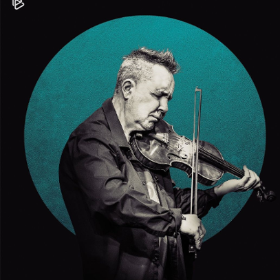 Photo of Nigel Kennedy playing the violin. The photo is in a green circle and the circle is on black background.