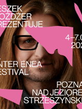 Festival poster: photo of Leszek Możdżer's face covered with pink spots and information about the festival.