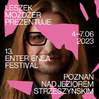 Festival poster: photo of Leszek Możdżer's face covered with pink spots and information about the festival.
