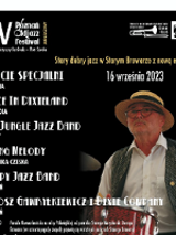 Festival poster with festival program and a photo of a man in a hat, white shirt and dark vest.