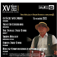 Festival poster with festival program and a photo of a man in a hat, white shirt and dark vest.