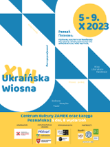 Poster with information about the festival in blue, yellow and white colours