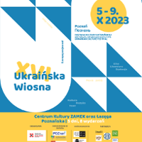 Poster with information about the festival in blue, yellow and white colours