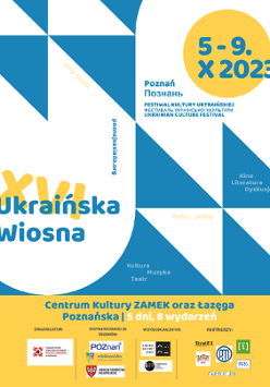 Poster with information about the festival in blue, yellow and white colours