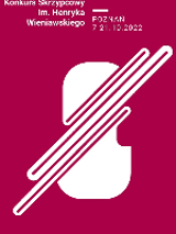 Competition poster: white drawing of violin and information about the event on a dark red background