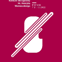 Competition poster: white drawing of violin and information about the event on a dark red background