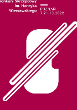 Competition poster: white drawing of violin and information about the event on a dark red background