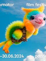 Festival poster: photo of a nice, colourful, plush creature. Blue sky as a background.