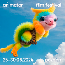 Festival poster: photo of a nice, colourful, plush creature. Blue sky as a background.