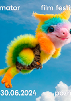 Festival poster: photo of a nice, colourful, plush creature. Blue sky as a background.