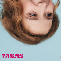Festival poster: a photo of a woman's face upside down.