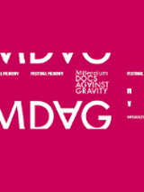 Festival poster; white text with Festival title on dark red background.