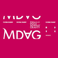 Festival poster; white text with Festival title on dark red background.