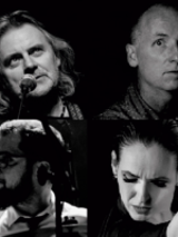 Black and white picture divided into four smaller pictures: faces of four performers