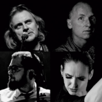 Black and white picture divided into four smaller pictures: faces of four performers