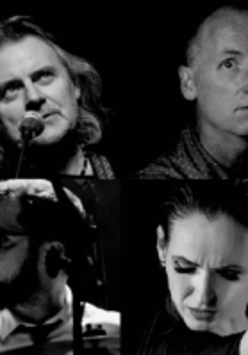 Black and white picture divided into four smaller pictures: faces of four performers