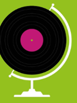 Drawing of a black vinyl record placed in place of the earth in a globe. Green background.