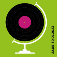 Drawing of a black vinyl record placed in place of the earth in a globe. Green background.