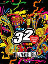 Poster of 32. Finale of Grand Orchestra of Christmas Charity: white lettering, red heart - symbol of the event and colourful background