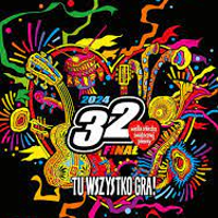 Poster of 32. Finale of Grand Orchestra of Christmas Charity: white lettering, red heart - symbol of the event and colourful background