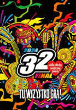 Poster of 32. Finale of Grand Orchestra of Christmas Charity: white lettering, red heart - symbol of the event and colourful background