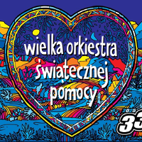 Poster of 33. Finale of Grand Orchestra of Christmas Charity: white lettering in colourful heart - symbol of the event; colourful background.