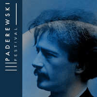 Photo of Ignacy Jan Paderewski in blue colours and the title of the festival.