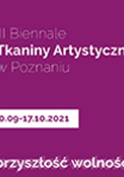 Poster of the event - white captions with information about the biennaleon purple background
