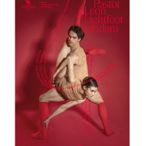Poster of the performance depicting a dancing couple in tan costumes on red background