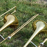 Picture of two trombones lying on the grass