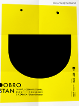 Festival poster: on yellow background black elements forming a smiling face and information about the festival.