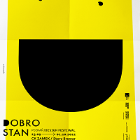Festival poster: on yellow background black elements forming a smiling face and information about the festival.