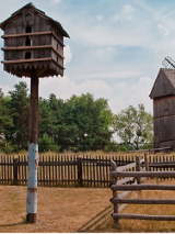 Rural landscape: a birdhouse on a pole, a fence behind it. Two wooden windmills in the background.