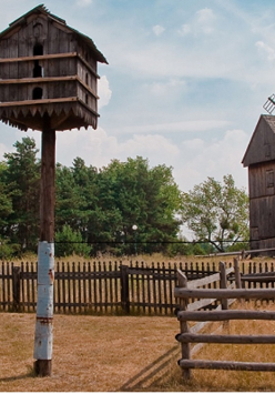 Rural landscape: a birdhouse on a pole, a fence behind it. Two wooden windmills in the background.