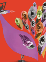 Festival poster: a drawing of a peacock that has eyes instead of feathers.