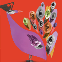 Festival poster: a drawing of a peacock that has eyes instead of feathers.