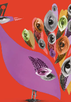 Festival poster: a drawing of a peacock that has eyes instead of feathers.