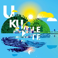 Colourful picture of blue water, blue sky with shining sun and two green islands. White caption "Ukulele" across the picture