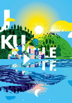 Colourful picture of blue water, blue sky with shining sun and two green islands. White caption "Ukulele" across the picture