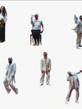 A collage on a white background depicting several cutout silhouettes of people in bright, primarily white clothing, depicted in various poses: standing, sitting in a chair, making hand gestures and expressive body movements. The figures are positioned separately, without a shared background.