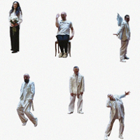 A collage on a white background depicting several cutout silhouettes of people in bright, primarily white clothing, depicted in various poses: standing, sitting in a chair, making hand gestures and expressive body movements. The figures are positioned separately, without a shared background.
