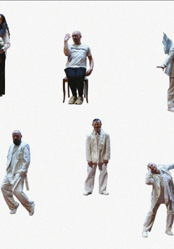 A collage on a white background depicting several cutout silhouettes of people in bright, primarily white clothing, depicted in various poses: standing, sitting in a chair, making hand gestures and expressive body movements. The figures are positioned separately, without a shared background.