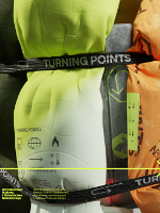 Festival poster: equipment in green and orange colors tightened with stripes; on one strip the word "turning points".
