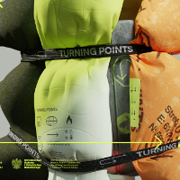 Festival poster: equipment in green and orange colors tightened with stripes; on one strip the word "turning points".