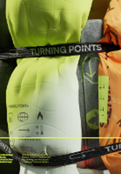 Festival poster: equipment in green and orange colors tightened with stripes; on one strip the word "turning points".