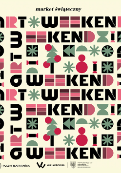 Colorful graphics with the words "art weekend" and drawings of Christmas trees and stars.