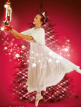 A girl in a dance pose, holding a nutcracker. A christmas tree in a background. Picture in white and red colours.