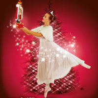 A girl in a dance pose, holding a nutcracker. A christmas tree in a background. Picture in white and red colours.