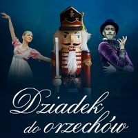 Performance poster: two ballet dancers and a wooden nutcracker between them. Under the photo the performance title